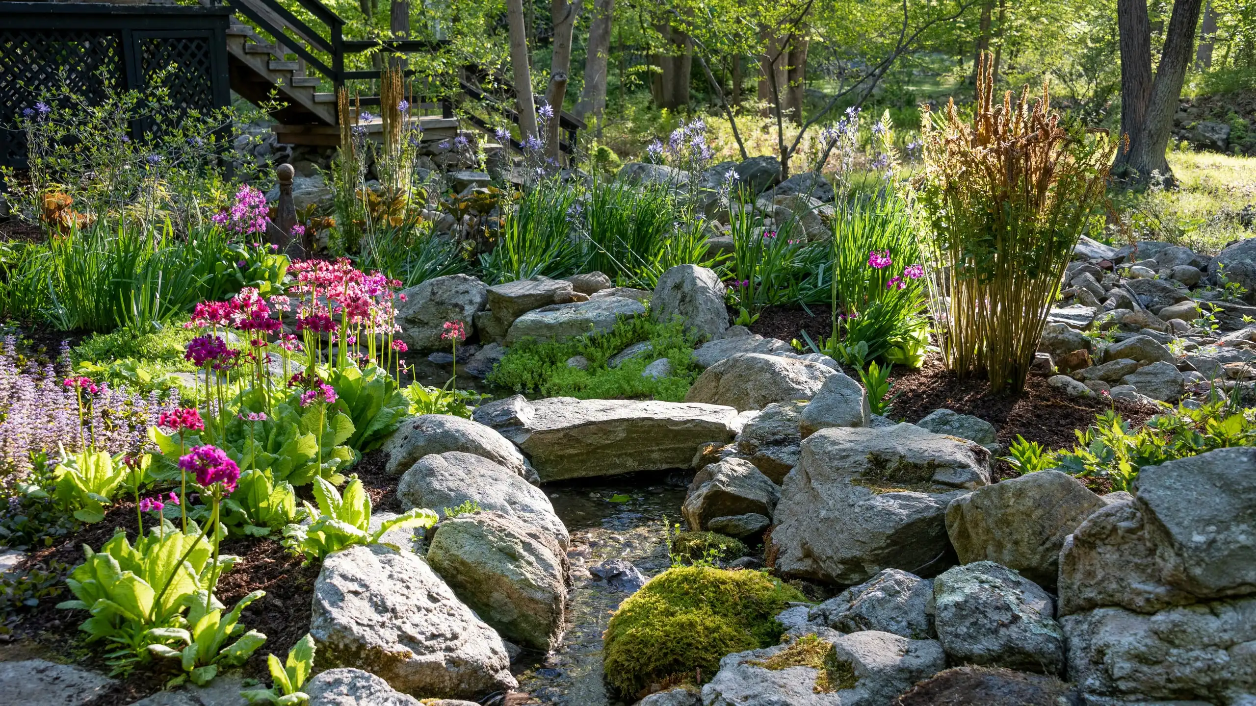 A dry creek bed of rocks and boulders winding through grasses and flowering plants under trees