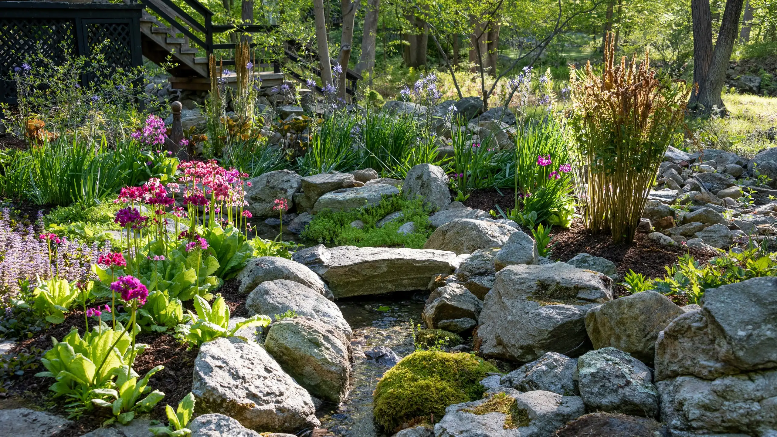 A dry creek bed of rocks and boulders winding through grasses and flowering plants under trees